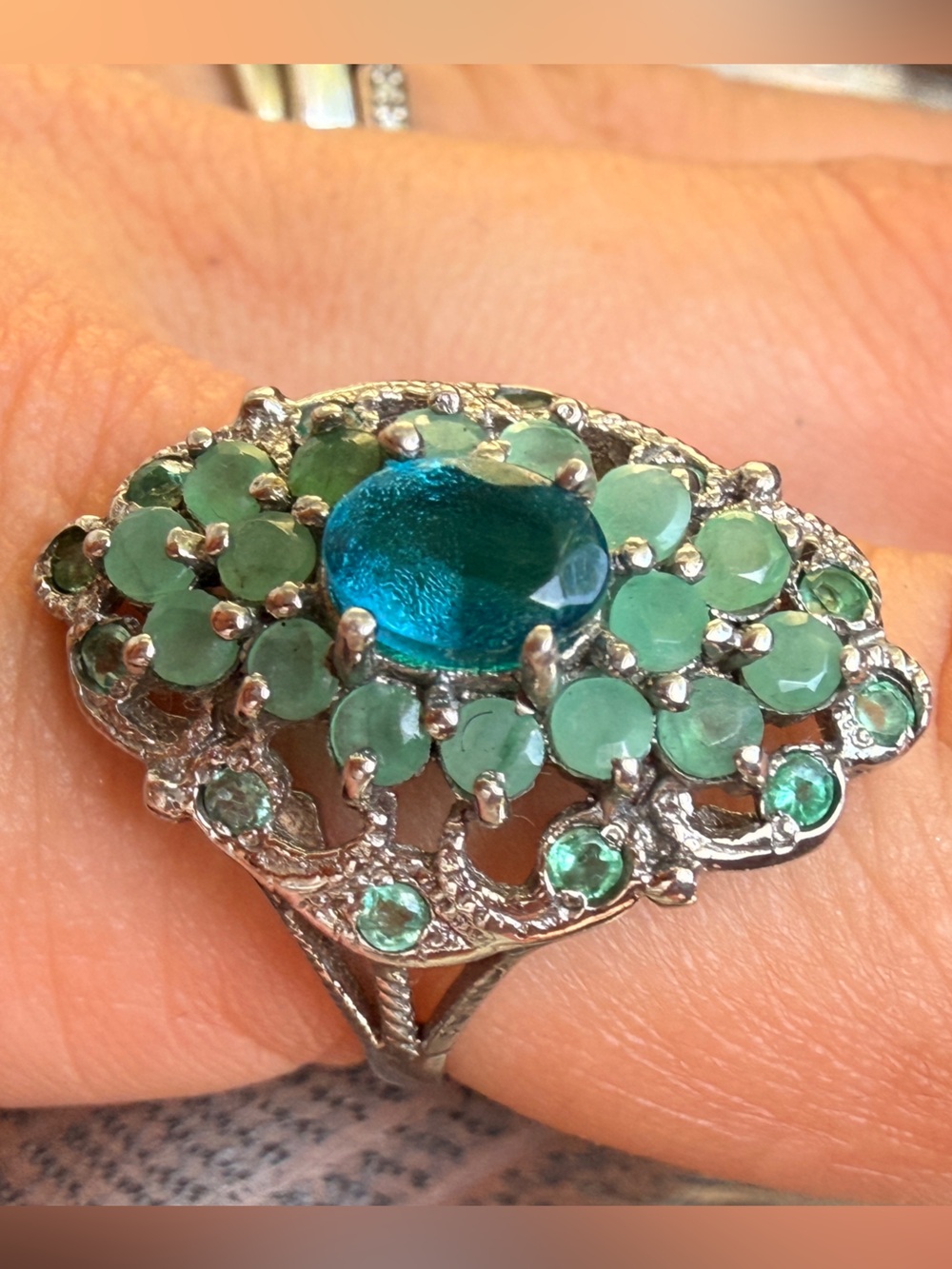 Ethiopian Blue Opal & Emerald vintage 
Ring 925 Silver 14K WG Sz8.5 - Picture 16 of 17